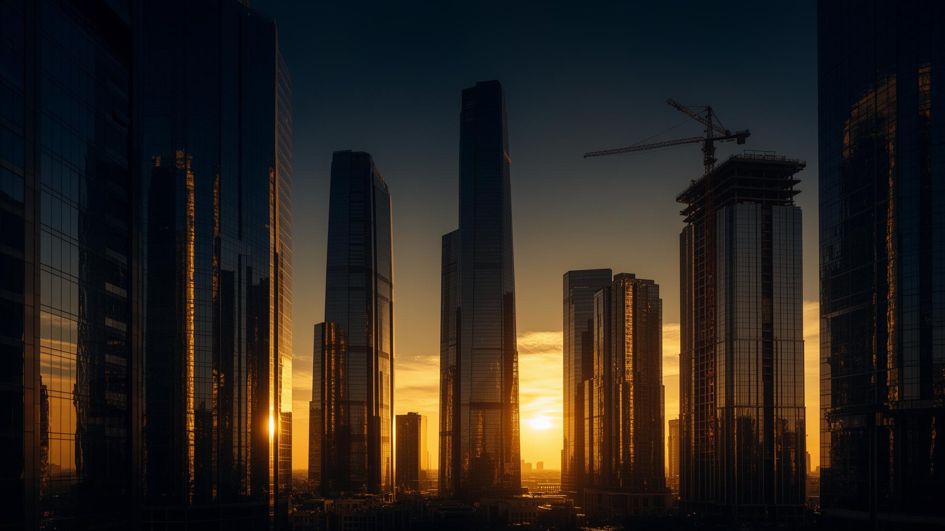 Modern skyline buildings at golden hour